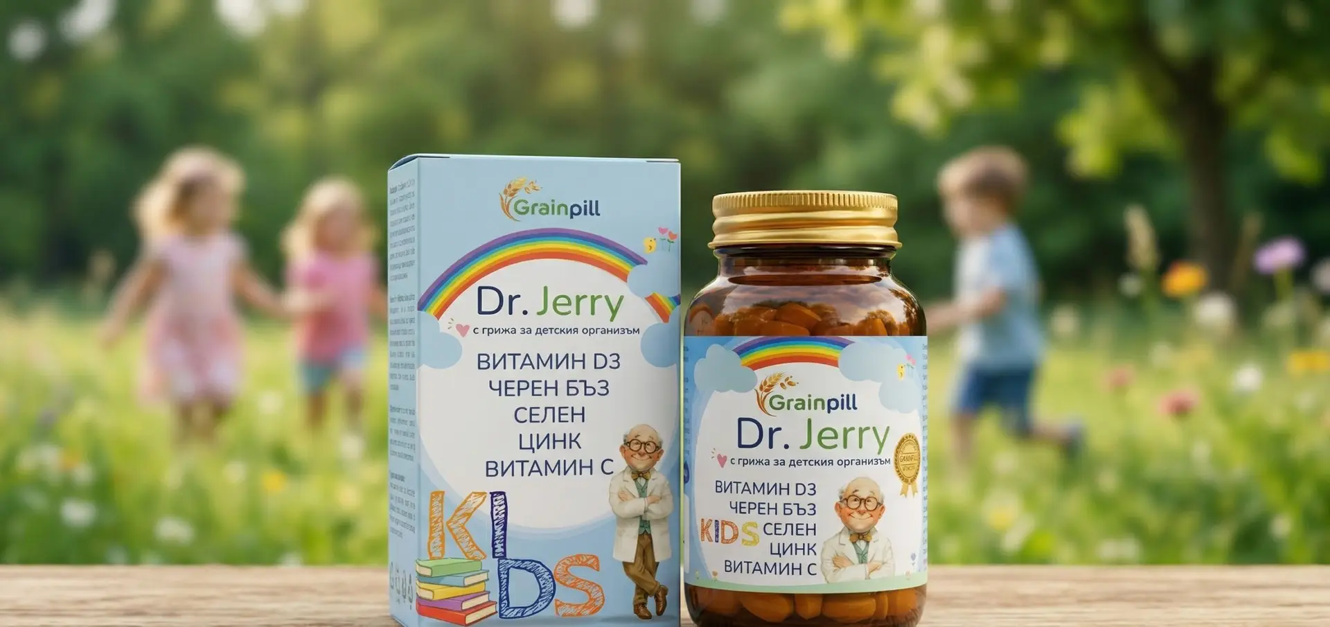 Деца играят на поляна - качествени детски витамини